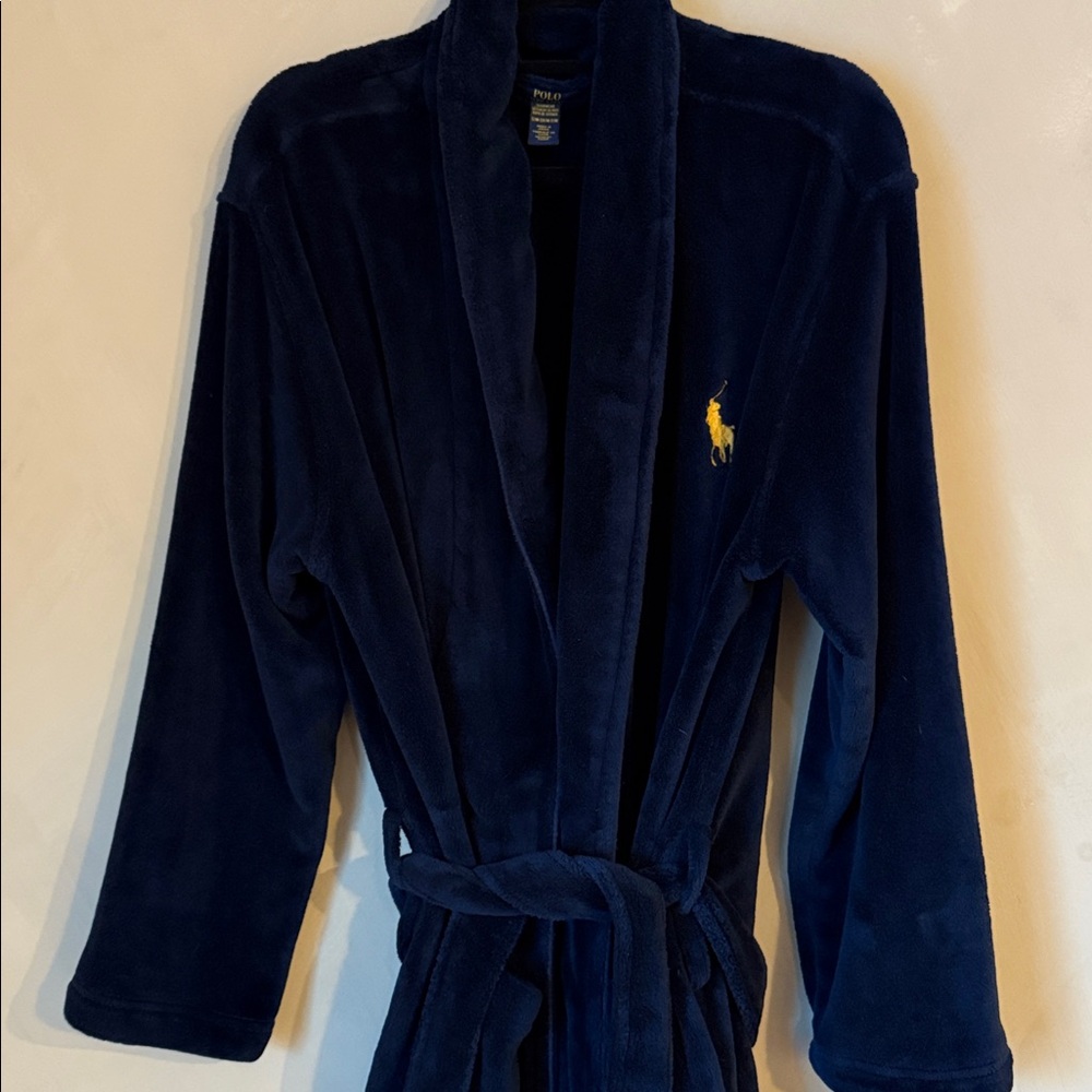 Ralph Lauren Men’s Plush Navy Robe with Embroidered Logo - Small - Picture 5 of 6